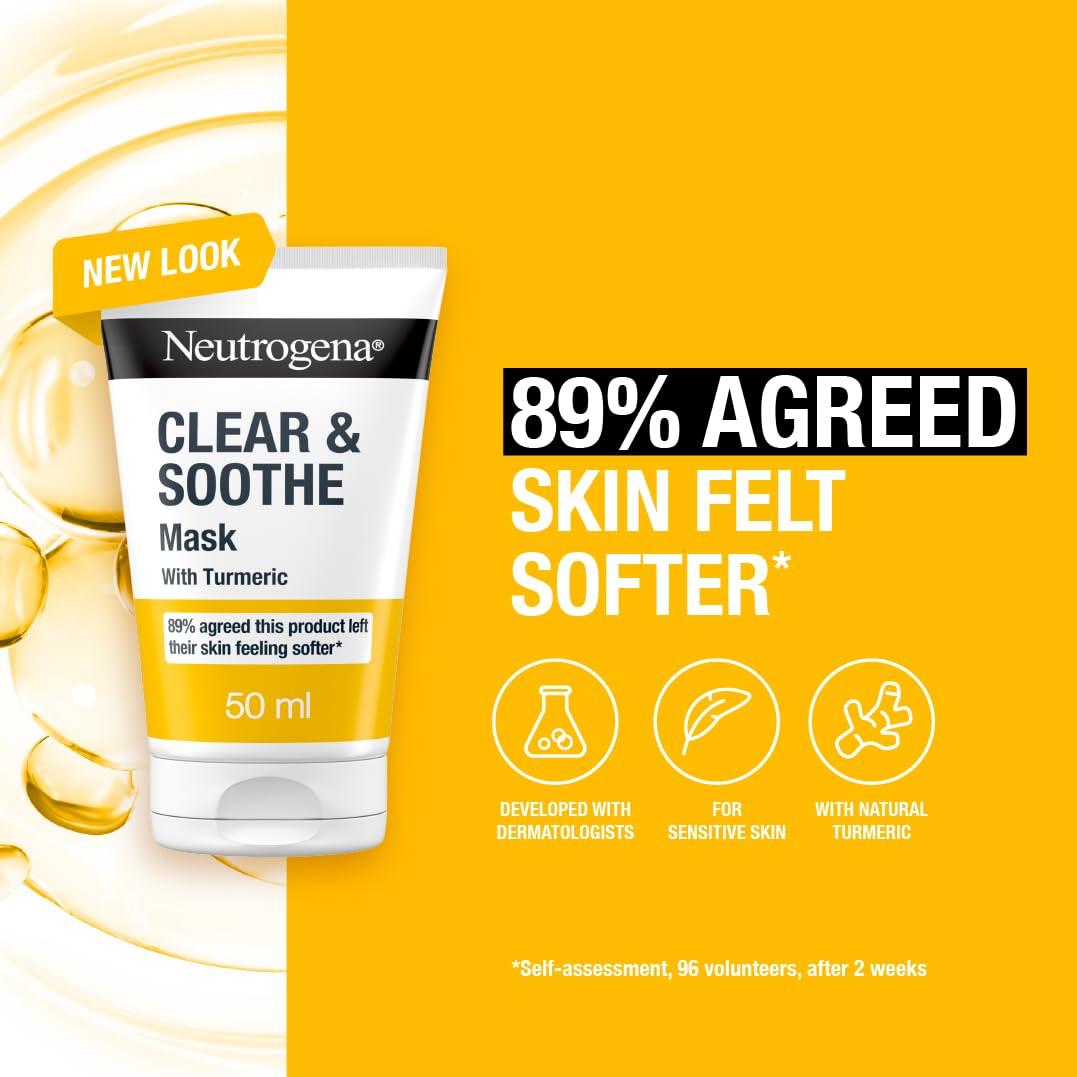 Neutrogena Clear and Soothe Clay Mask (1x 50ml), Gently Cleansing and Calming Face Mask for Spot-prone and Sensitive Skin, Formulated with Turmeric