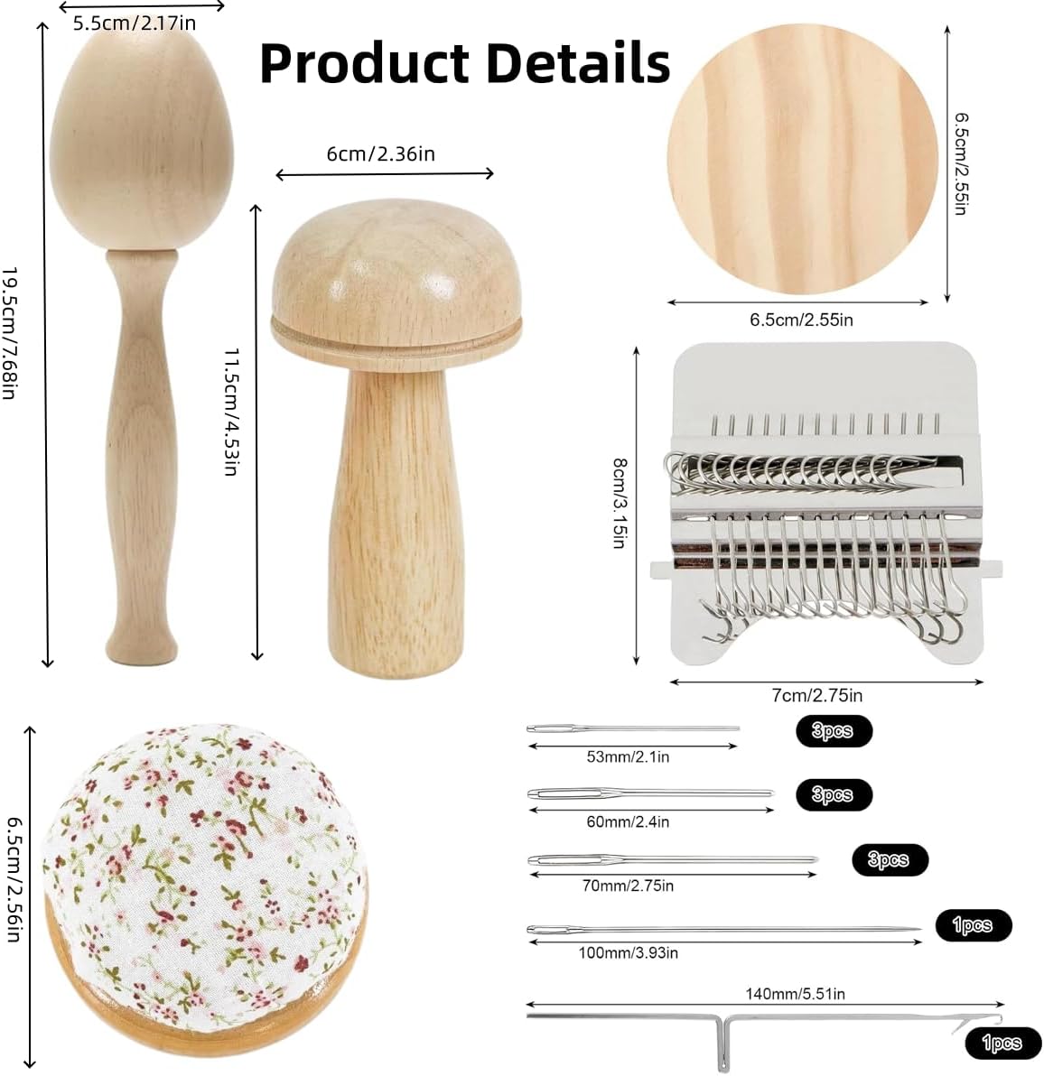 Knit Patch Kit, Darning Loom Kit, 2 Pcs Wooden Mushroom Darning Egg, Darning Kit with 14 Pcs Large Eye Needles & 50 Color Threads, Darning Tool for Beginners DIY Handicraft Home Sewing Care