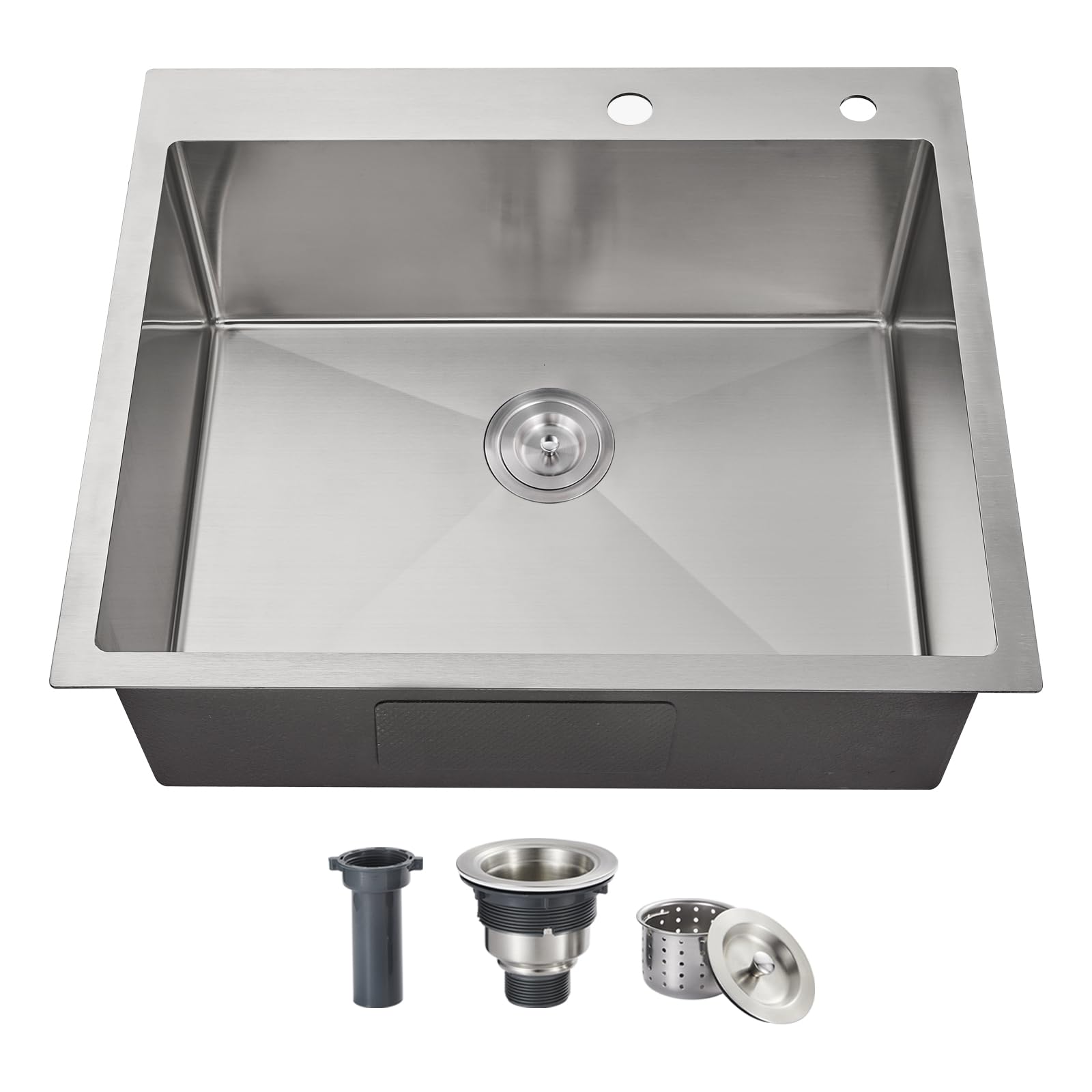 ROVOGO25x22x8.7 in. Drop-in Kitchen Sink Single Bowl with Rear Drain, 18 Gauge Stainless Steel Handmade Top Mount Sink with 2-Hole, Brushed