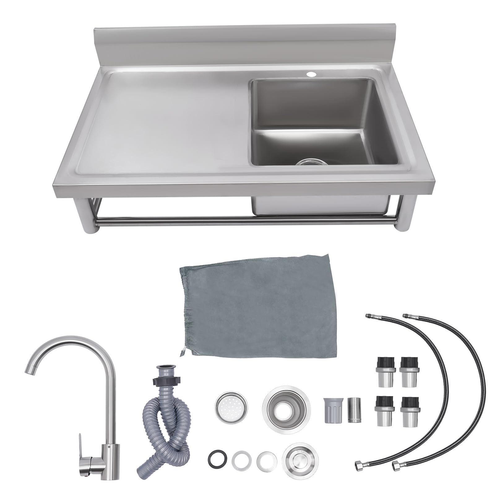 Fregadero de cocina de acero inoxidable, kit de fregadero, fregadero de acero inoxidable con patas ajustables con grifo, tubos de desagüe, ventón angular, desagüe 100 x 60 x 93 cm, color