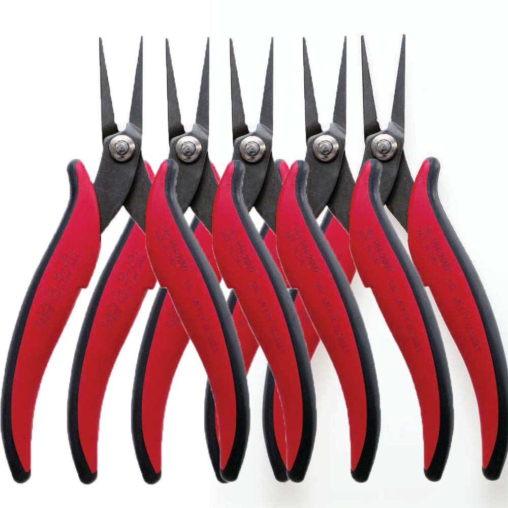 Hakko CHP PN-2007 - Alicates de punta larga, nariz plana, borde exterior plano, mandíbulas dentadas, longitud de mandíbula de 32 mm, ancho de nariz de 3 mm, acero grueso de 3 mm (paquete de 5)