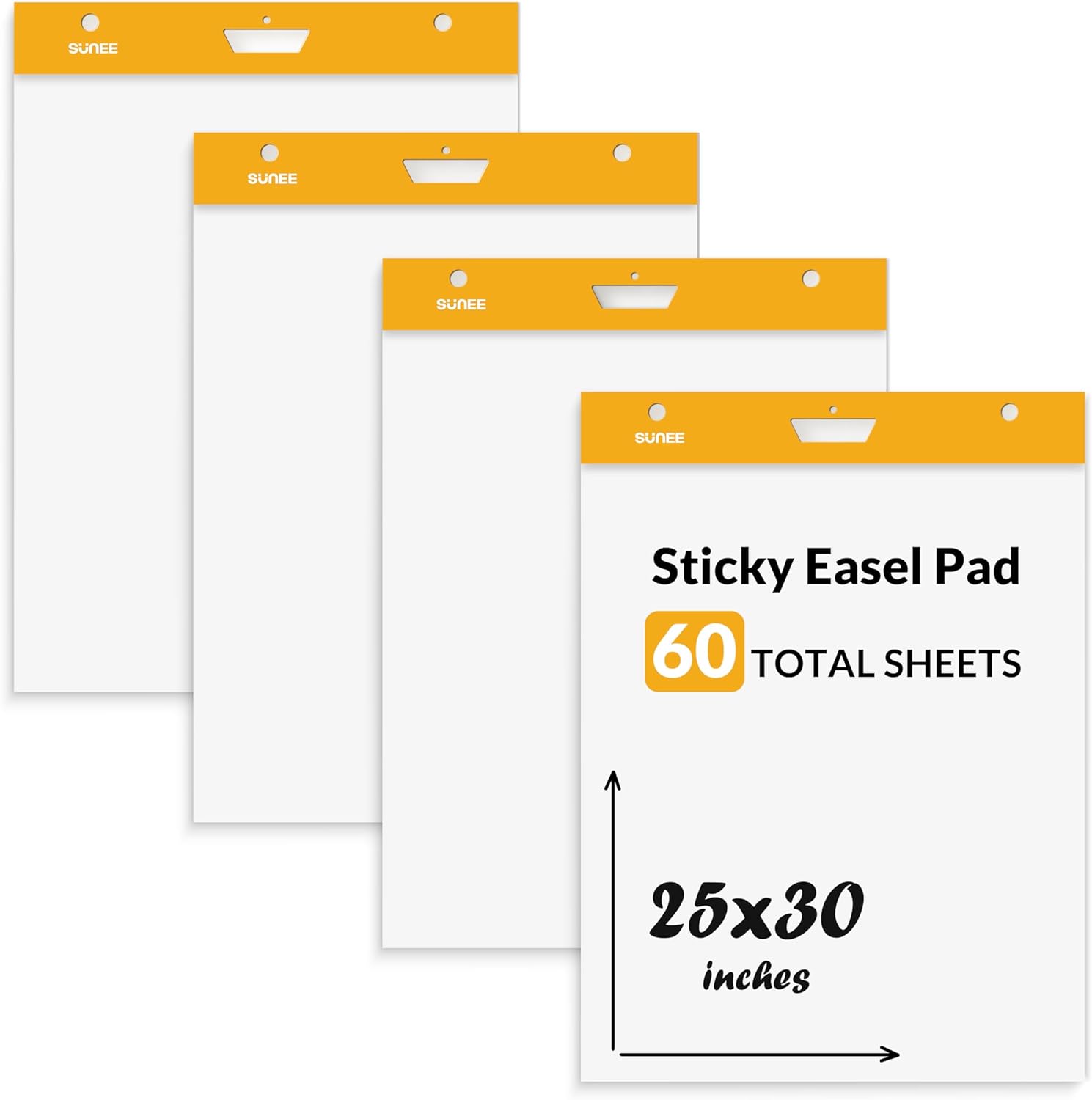SUNEE Sticky Easel Pads, 25x30 Inches, 30 Sheets/Pad, 4 Pack – Self Stick Flip Chart Paper for Whiteboards, Premium Large White Chart Paper