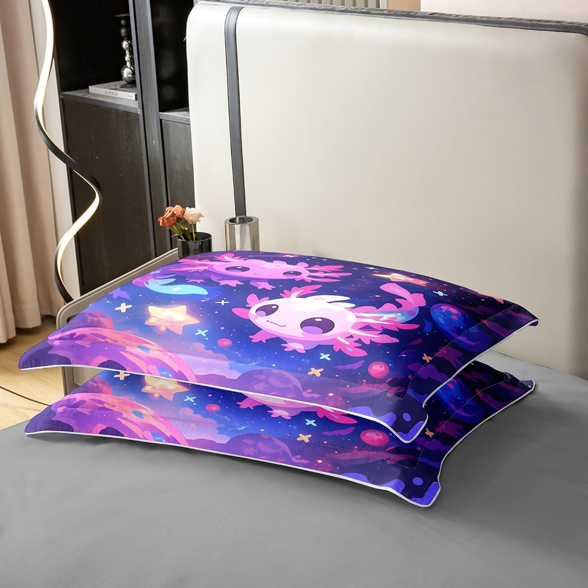 Homewish Dziewczęca poszewka na kołdrę Axolotl podwójna fioletowa galaktyka planeta bawełna zestaw pościeli kreskówka marzycielskie gwiaździste niebo poszewka na kołdrę dorośli urocze kosmiczne