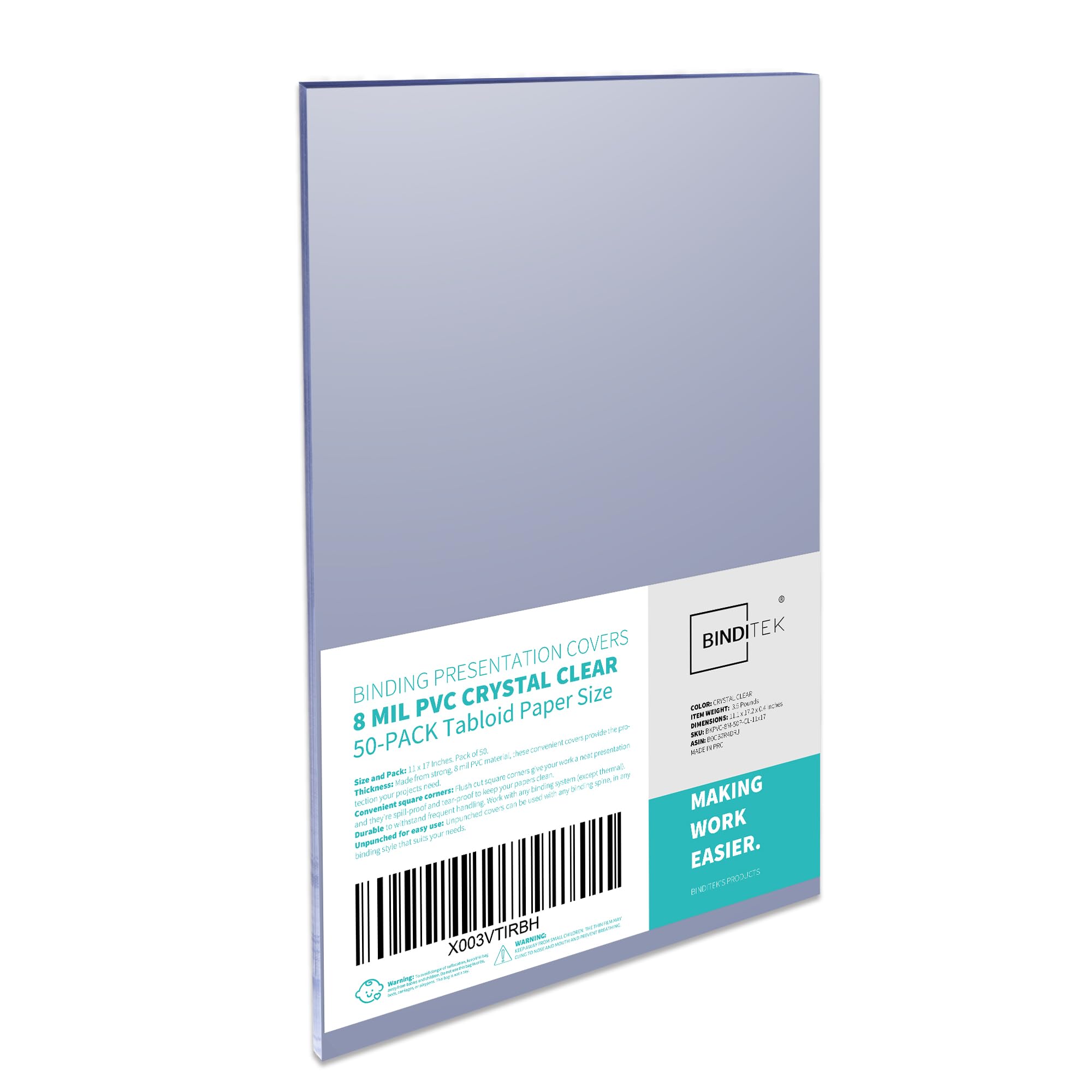 Binditek 50 Pack 8 Mil PVC Clear Binding Presentation Covers, 11 x 17 Inches, Tabloid Size, Square Corners, Un-Punched, Office School Supplies