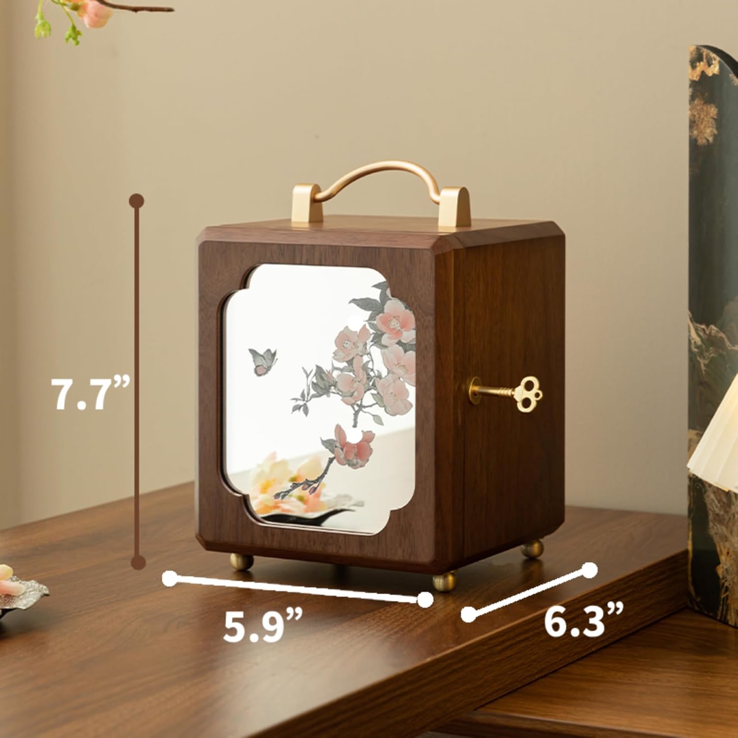 Kinsuite Black Walnut Jewelry Box - 4-tier Jewelry Organizer with Secure Double-Door, Safe with Lock for Earring, Ring, Necklace, Bracelets, Mirror with Floral & Butterfly Patterns