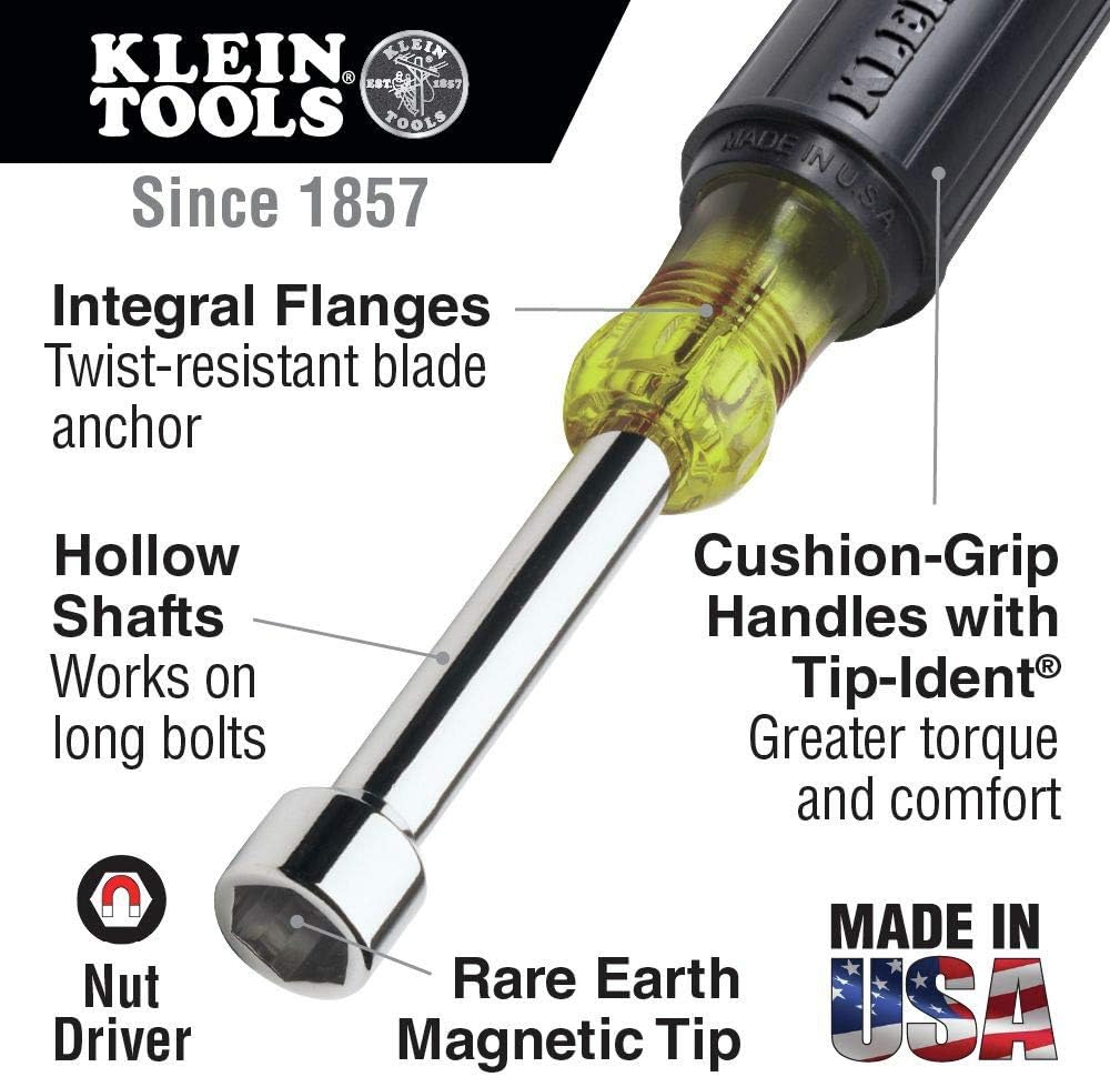 Klein Tools 618-1/4M 1/4-Inch Magnetic Tip Nut Driver, Made in USA, 18-Inch Hollow Shaft and Cushion Grip Handle