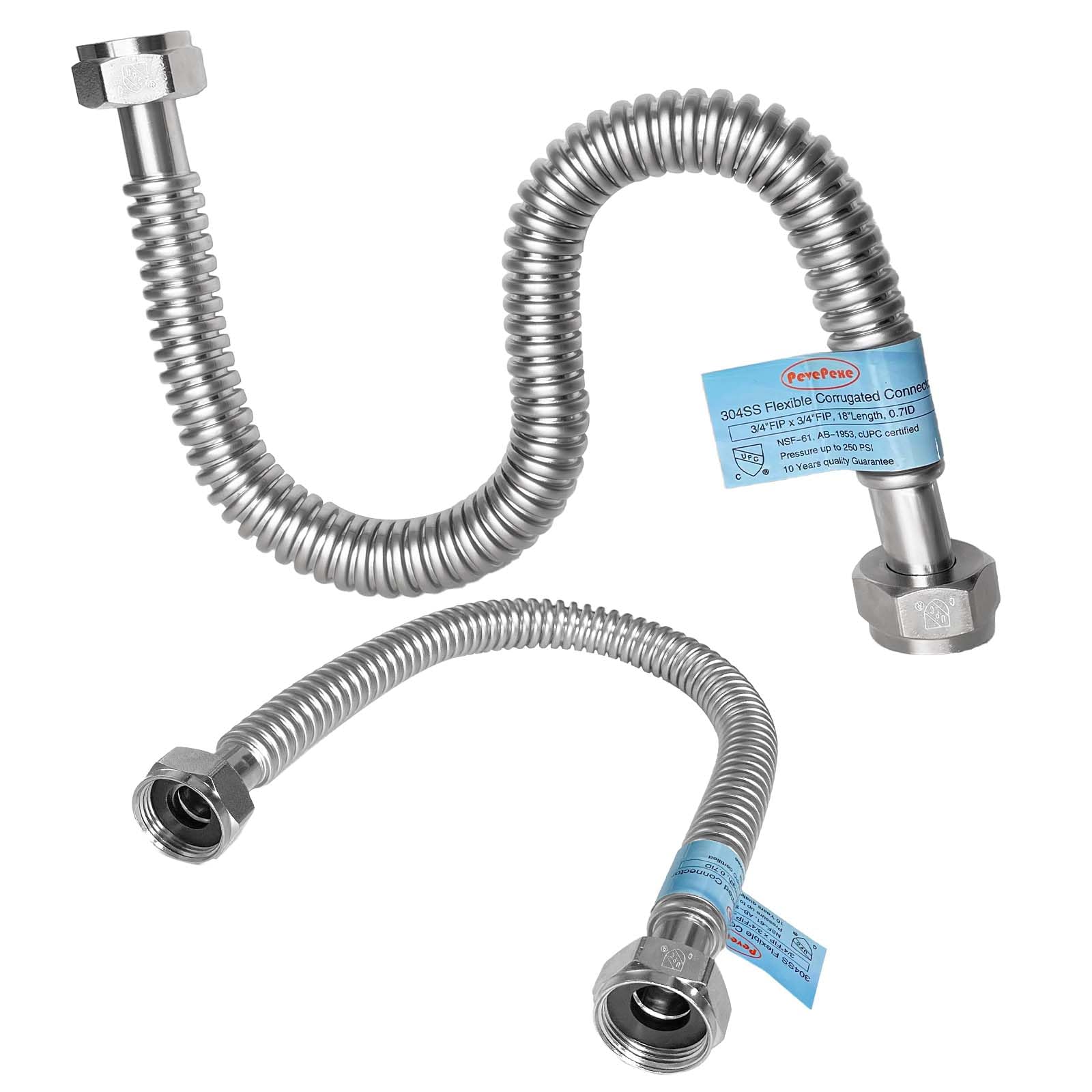 2 PACK, 24" Length Stainless Steel Flexible Corrugated Water Heater Connector, 1"FIP x 1"FIP, 1 Inch SS304 Flex Pipe Hose For Water Softener (0.7"ID)