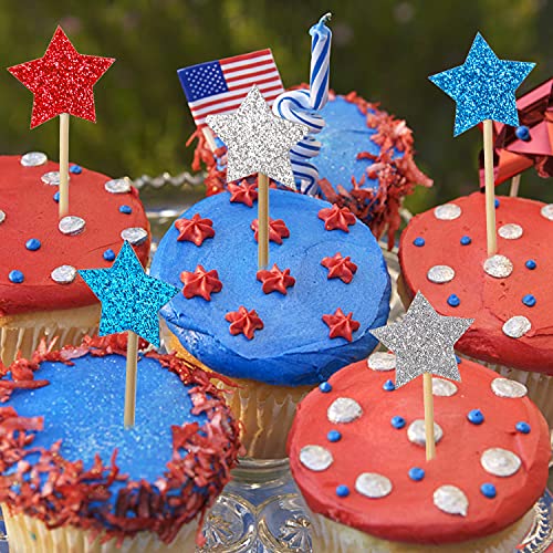 36 Pieces Glitter Star 4Th Of July Cupcake Toppers Glitter Gold Star Cakes Toppers For Independence Day 4Th Of July Party Supplies Favors(Blue Red White) #TOP6