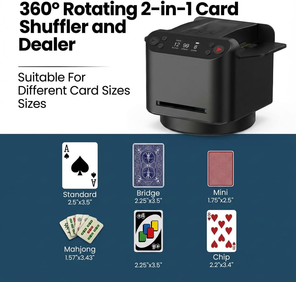 Automatic Card Shuffler and Dealer Machine 2-in-1, 360° Rotating for 1-2 Decks, with 4 Remotes for 2-12 Players, Programmable Game Modes for Poker, Blackjack, Texas Hold'em, Phase 10 (Black)
