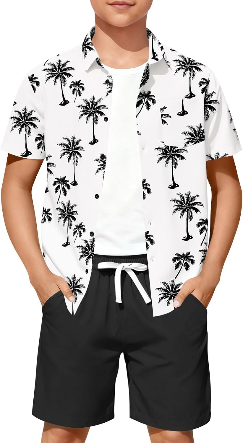 Haloumoning Boys 2 Piece Summer Outfits Kids Hawaiian Shirt and Drawstring Shorts Set Beach Vacation Outfit 5-14 Years