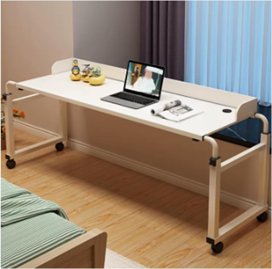 Mesa ajustable con ruedas de altura 65-95 cm, versátil mesita de noche extensible de 120-230 cm, ideal para cama King/Queen, color: blanco