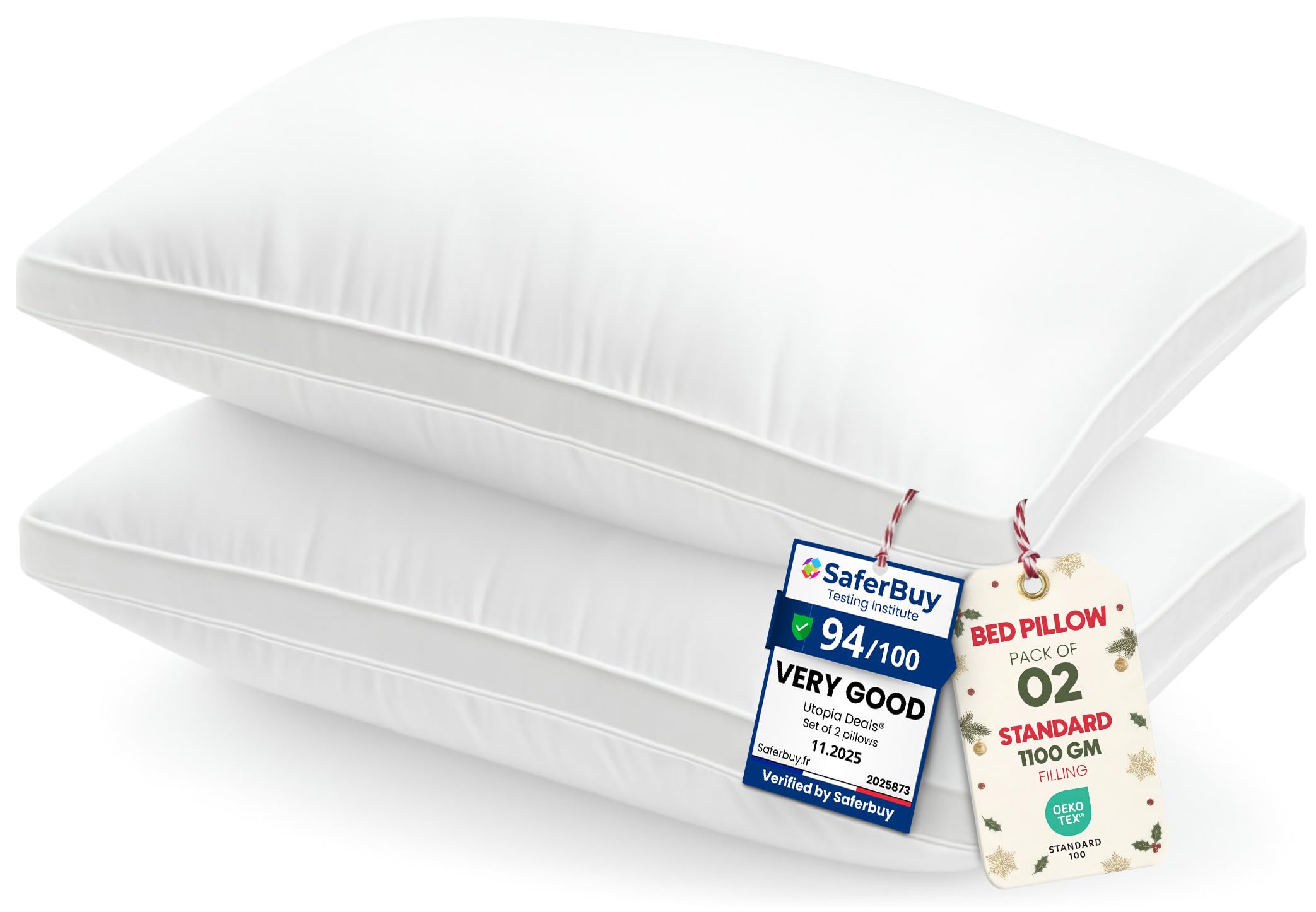 Pillows 2 Pack Standard Size, (White) Hotel Quality Pillows, Brushed Fabric, Bed Pillow for Back, Stomach or Side Sleepers - 20 x 30 inch / 50 x 75 cm