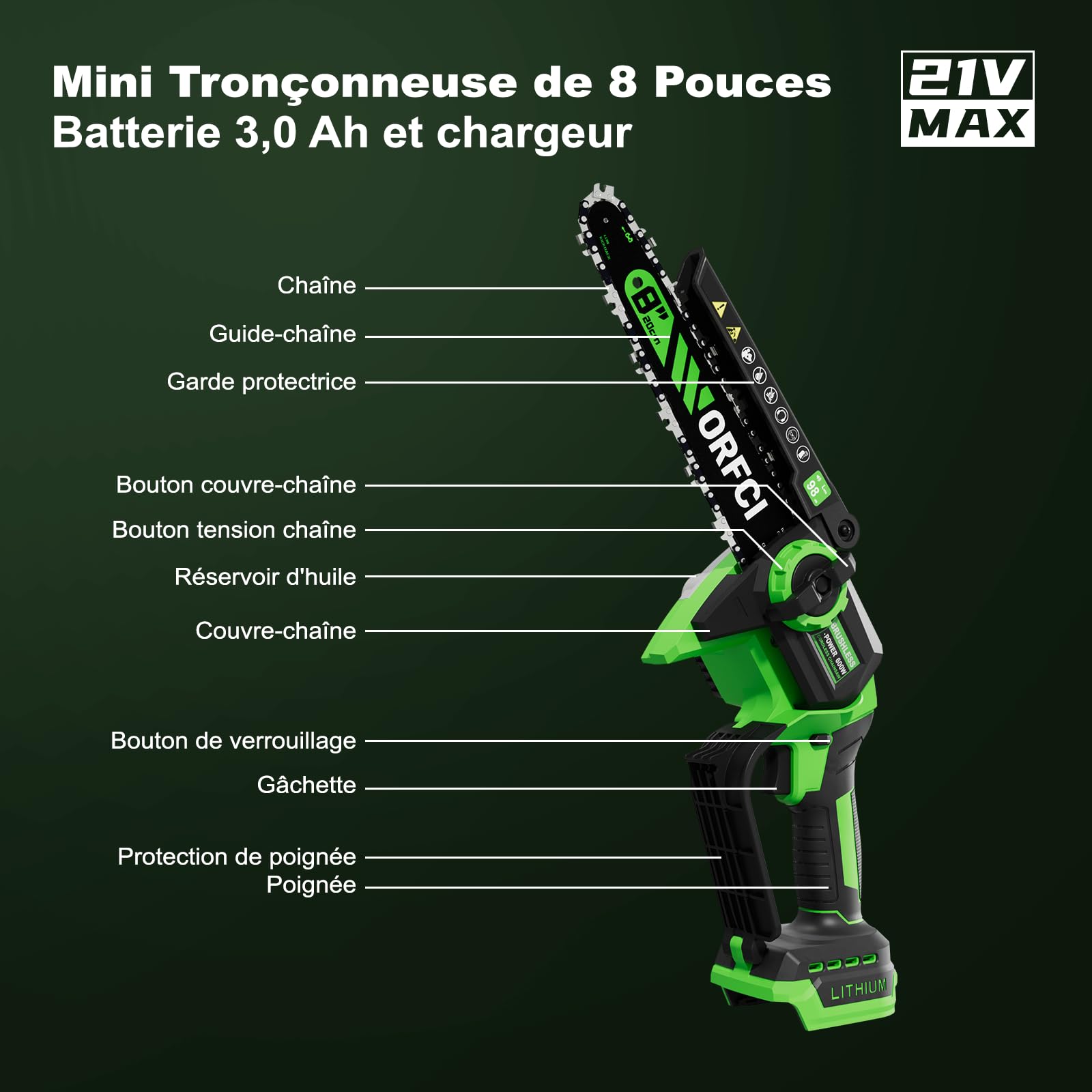 8 Pouces Mini Tronçonneuse Sans Balai Sans Fil, 2×3000mAh Batteries, Lubrification Automatique, Outil Jardinage Idéal pour Élagage Bois et Arbres