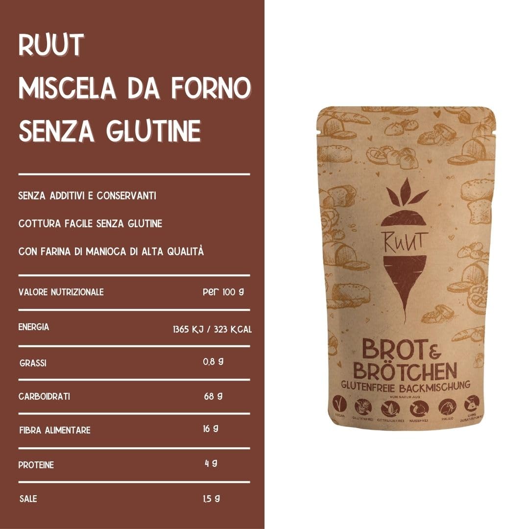 Ruut Miscela di pane senza glutine con farina di manioca | 1x810g | sostituto del grano privo di cereali, additivi e conservanti | paleo, vegano e sostenibile