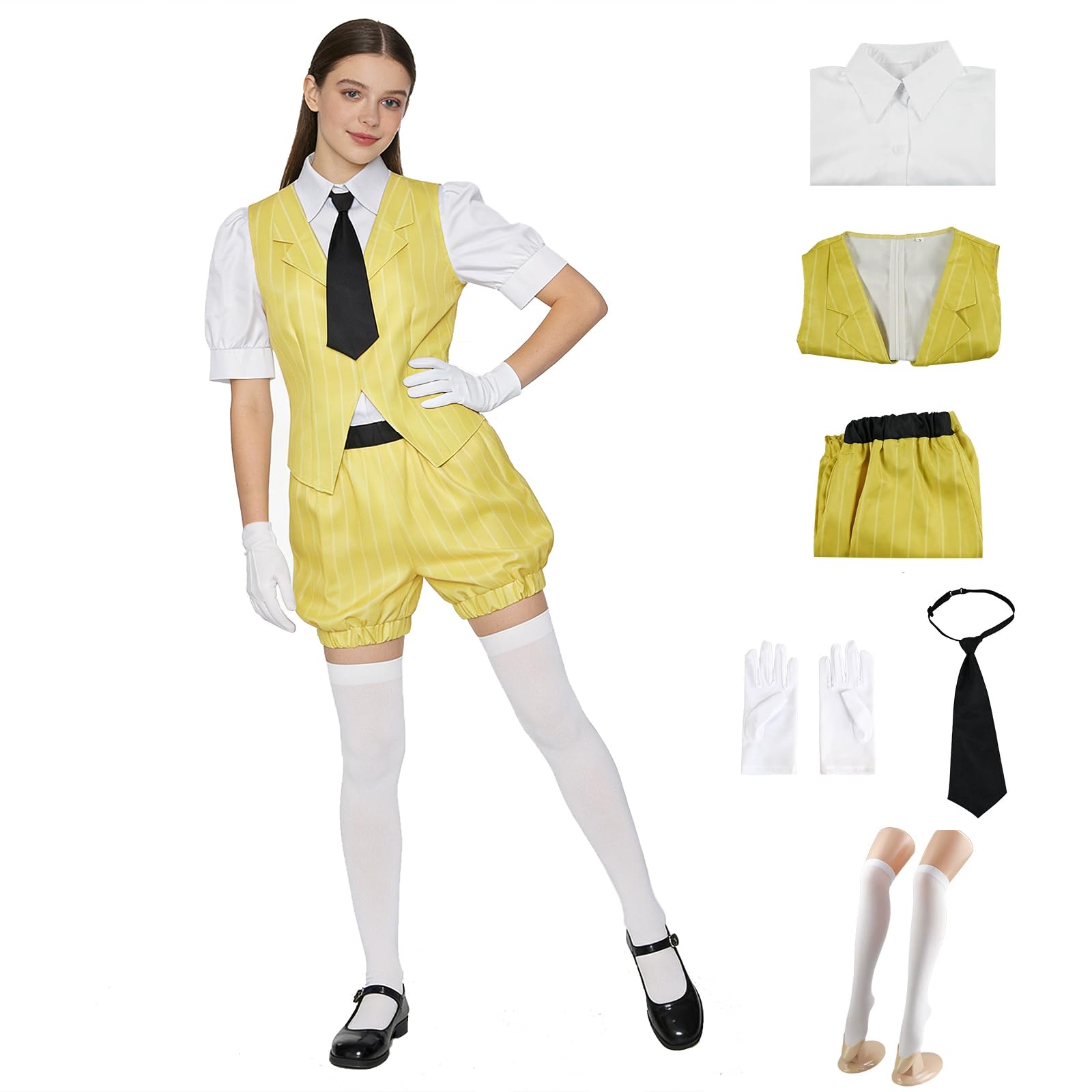 jrswai Women Anime Cute Yellow Striped Cosplay Costume Vest Shirt and Shorts Halloween Ou…