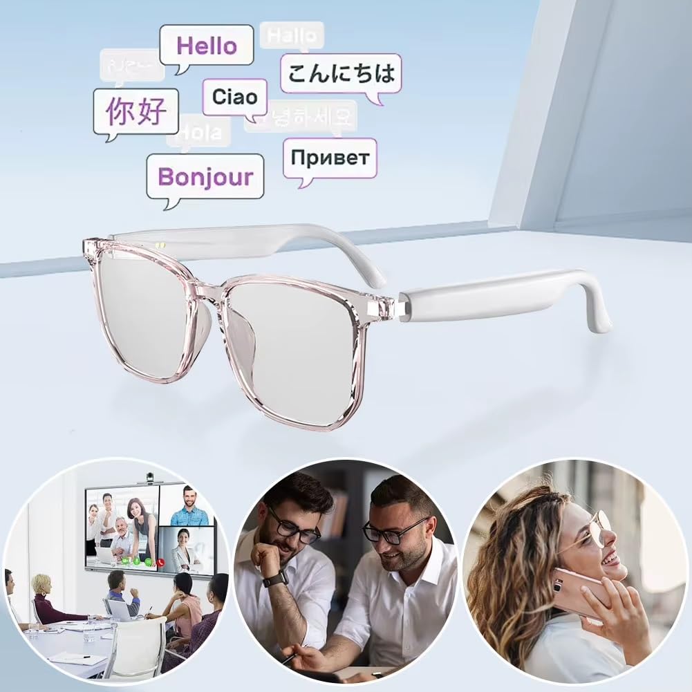 UMEINAC TECH Smart Glasses for Men with AI Meeting Transcription & 75 Languages Real-Time Translation - Bluetooth 5.3 Voice Command Glasses, 98% Accuracy Audio Recorder for Business/Interviews(White)