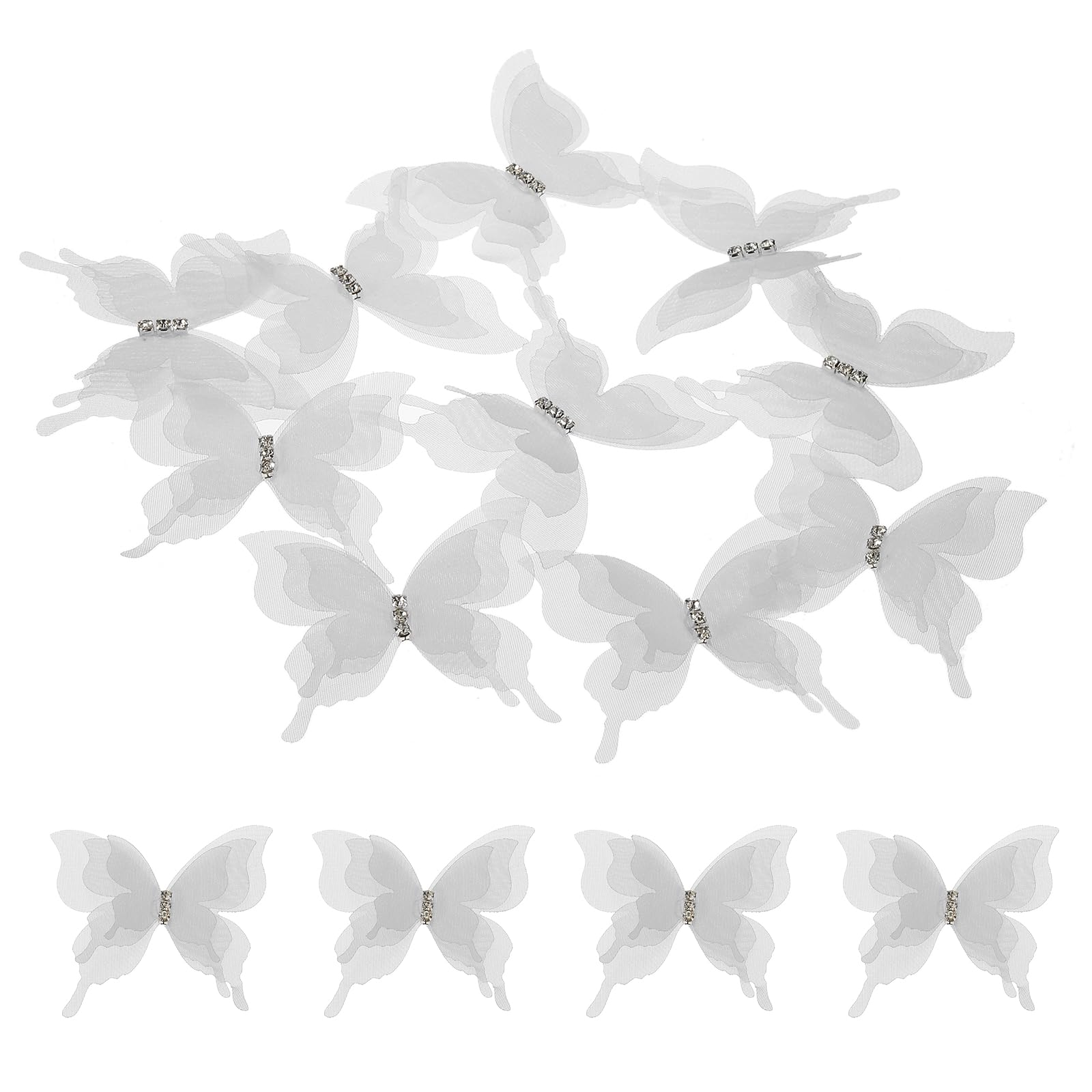 sourcing map 20Pcs Sheer Mesh Butterfly Appliques, 50mm Three Layers Butterflies with Gem Applique Patch DIY 3D Craft Ornament for Wedding Party Home Decor Clothes, Light Gray