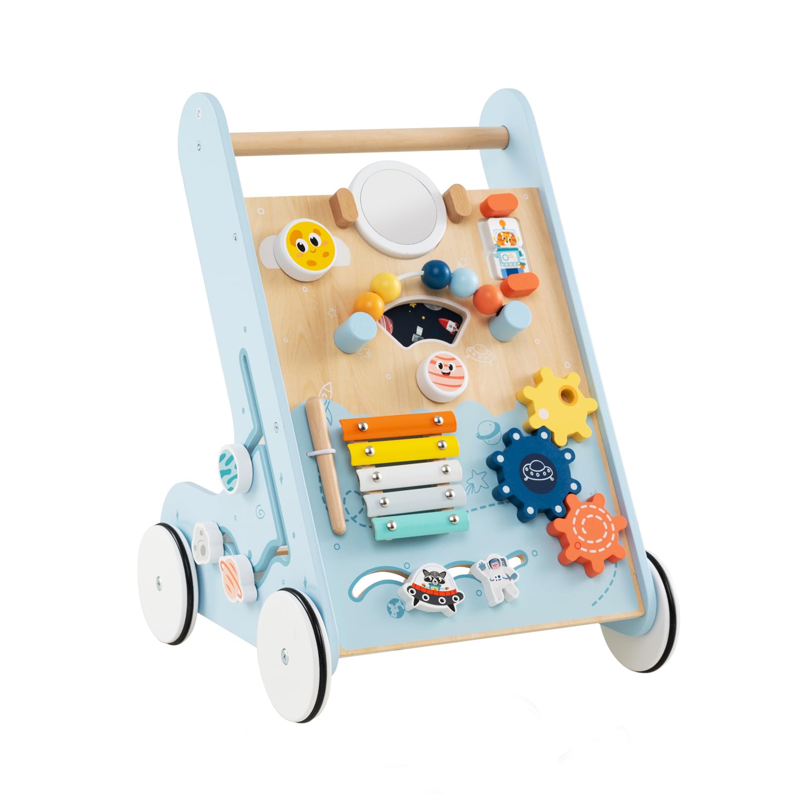 GYMAX Carrello da Passeggio in Legno, Carrello Montessori con Ruote, Spazio di Stoccaggio, Centro Attività per Spingere e Tirare, Carrello per Primi Passi per Bambini e Bambine da 1 Anno in Su (Blu)