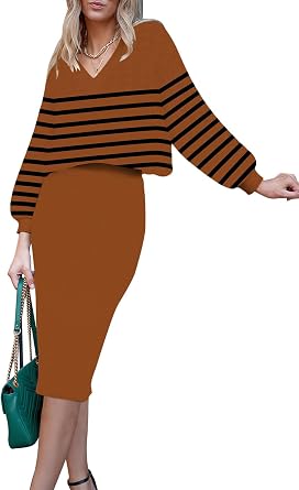 Pink Queen Womens 2 Piece Outfits Set Knit V Neck Batwing Long Sleeve Loose Top Bodycon Midi Skirt Sweater Dresses