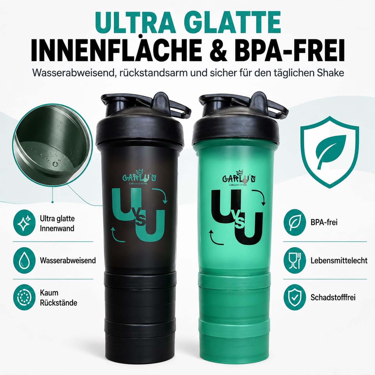 Carlu's Set di 2 shaker per proteine da 500 ml, 4 contenitori per polveri, 2 sfere di miscelazione in acciaio inox e 2 organizer per pillole, senza BPA, a prova di perdite, lavabile in lavastoviglie