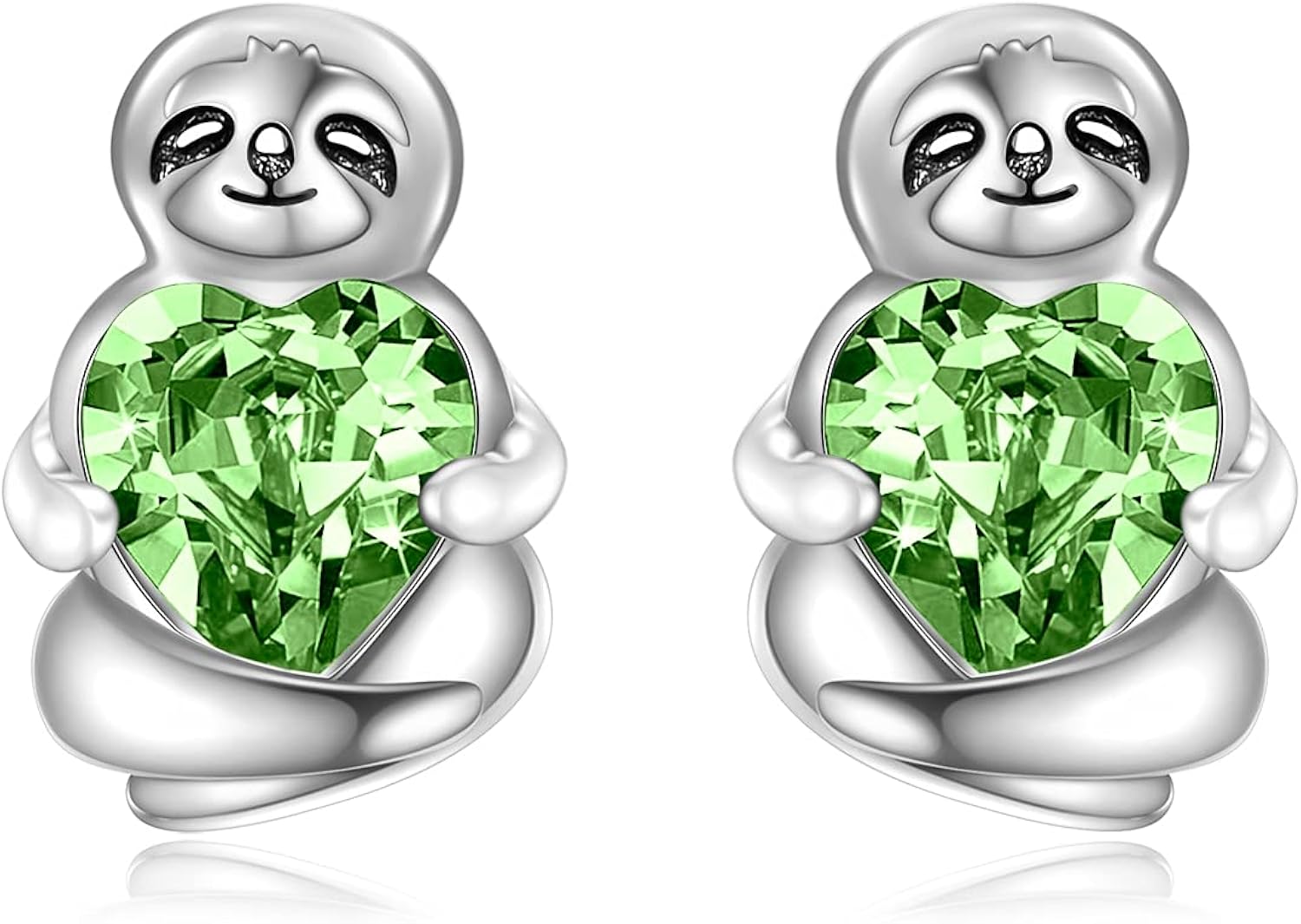 Sterling Silver Sloth Stud Earrings with Heart Crystals, Birthday Sloth Gifts for Women Girls Her (Green)