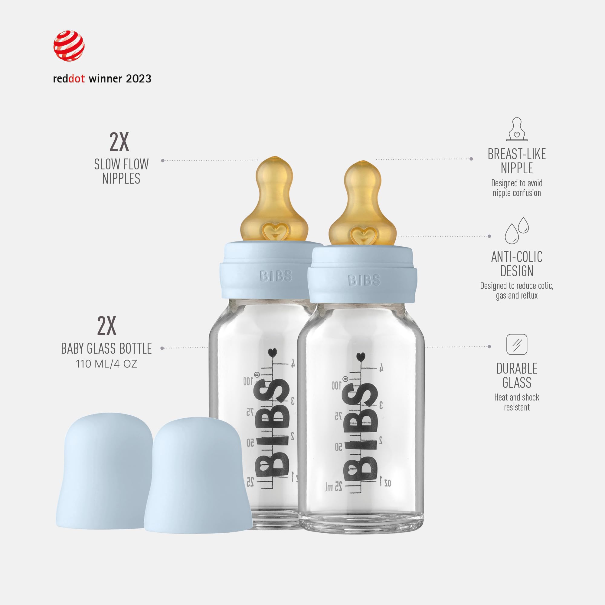 Biberon in vetro BIBS. Set di 2. Anti-coliche. Tettarella rotonda in lattice di gomma naturale. Favorisce l'allattamento naturale al seno, Complete Set - 110 ml (Pack of 2), Baby Blue