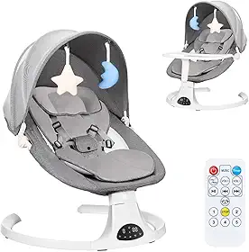 Hivento Cadeira de Balanço Elétrica para Bebê, Cadeira Portátil para Recém-Nascidos com Controle Remoto, Cinto de Segurança de 5 Pontos, 5 Velocidades, 3 Configurações de Temporizador, 10 Canções de Ninar, Capacidade Máxima de 15 kg