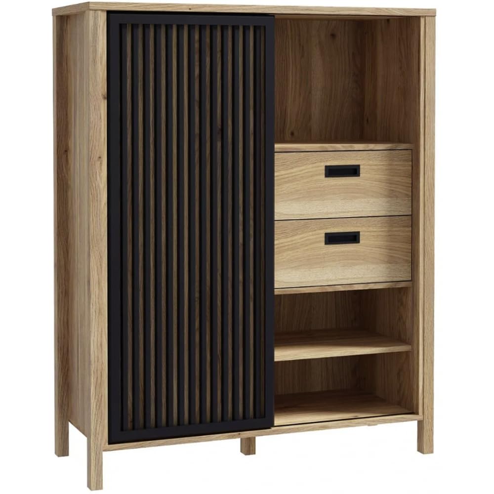 Forte JYTANA Schrank 100 105, skandinavischer Schrank mit 2 Schubladen, Schranktür und 3 offenen Fächern, Mauvella Eiche mit Schwarz, 103,4 cm breit x 129,9 cm hoch x 40,2 cm tief
