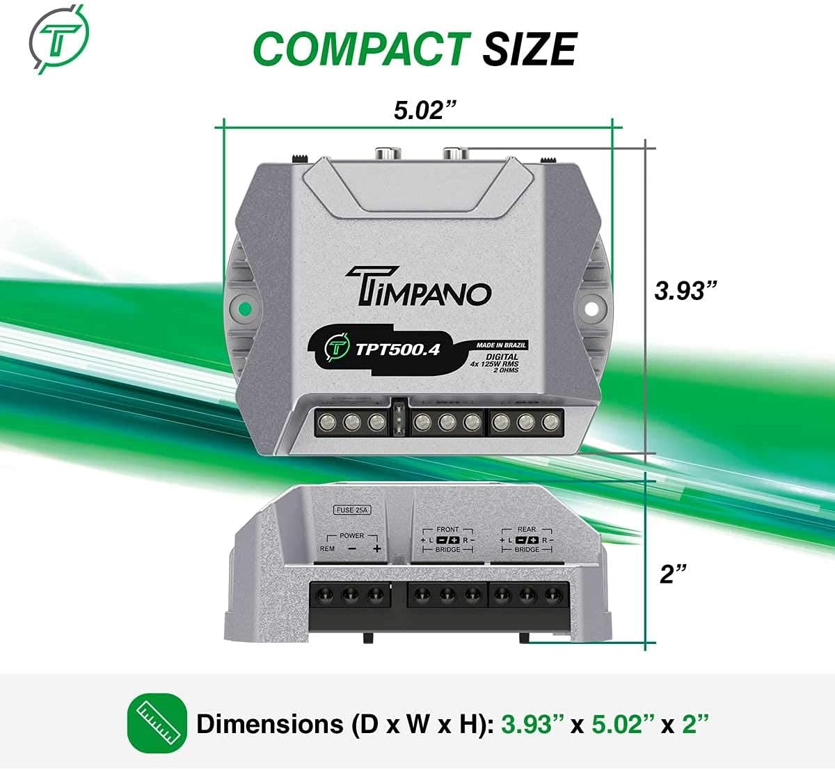 Timpano Compact 4 Channel Amplifier Car Audio 500 Watt, 4 x 125 Watts at 2 Ohms, Mini Stereo 12 volts Full Range Class D Amp, Bridgeable Amplifier 4 Channels TPT-500.4 : Electronics