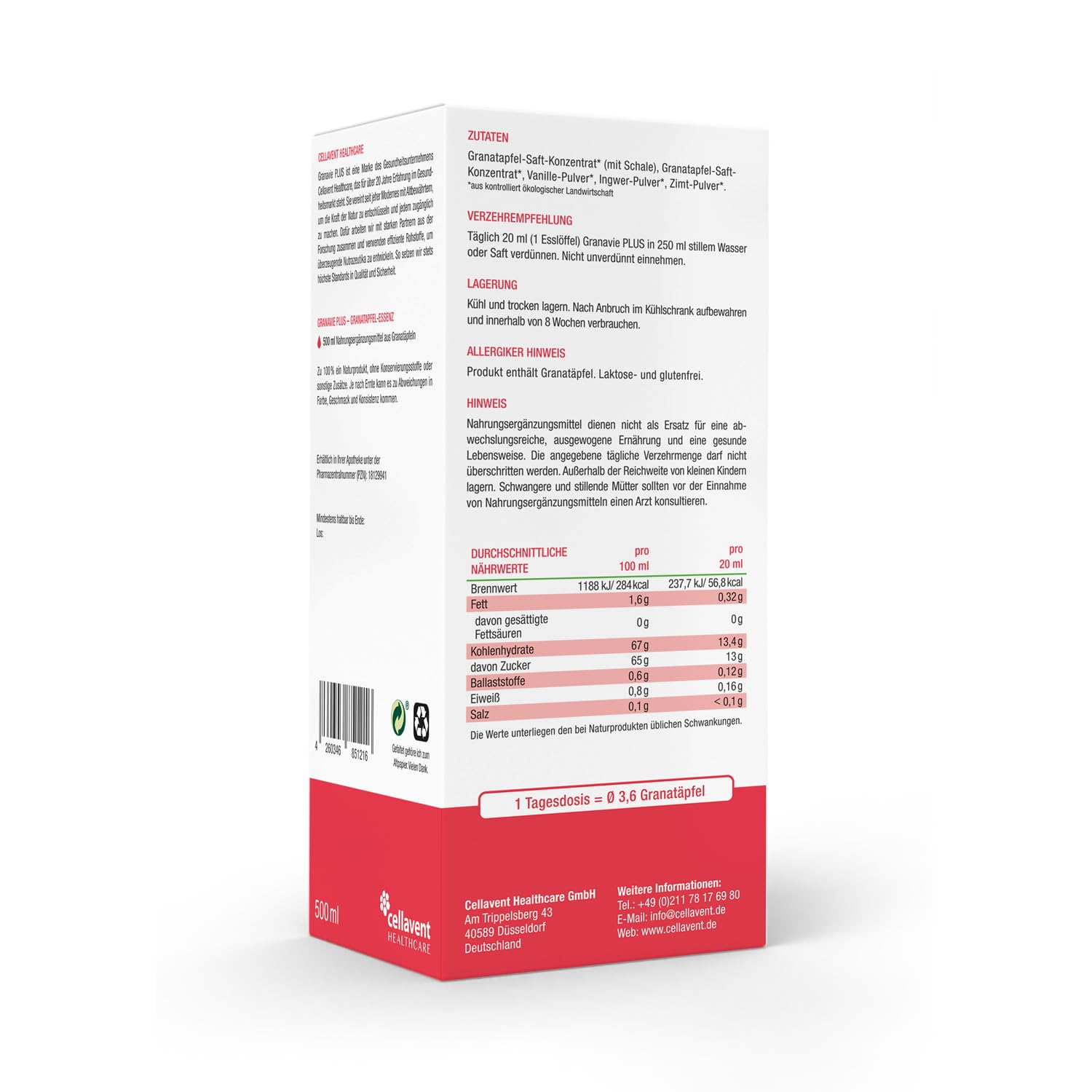 cellavent healthcare Granavie PLUS – Grenade concentré biologique – 45 000 mg de polyphénols/L – Puissance 90 Grenades dans 500 ml – 25 portions