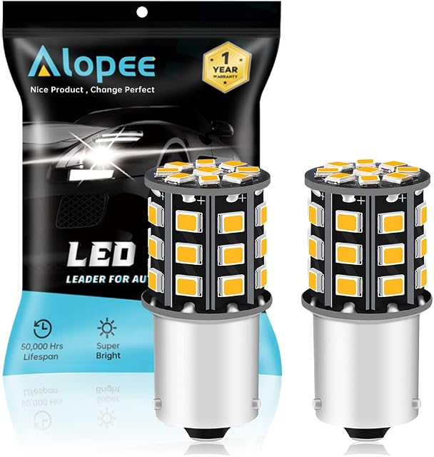 Alopee 2 Pack 1056 PY21W LED Bulbs, 12V-24V Amber 2835 33 SMD No-Polarity LED Light Bulb for Tail Blinker LED Bulb Light Indicator Turn Signal Lights