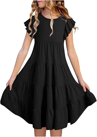 Scoop Pleated Knee-Length Girl's Dress Dusty Blue