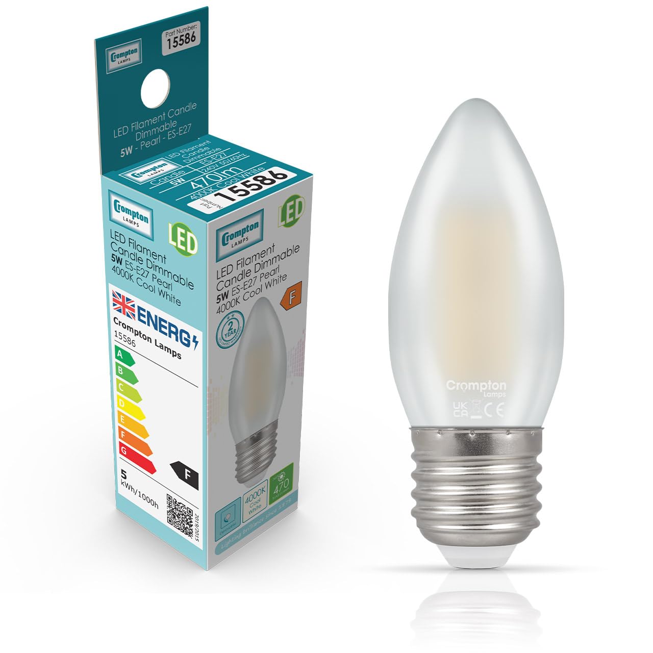Crompton Lamps Filament Candle LED Light Bulb ES-E27 | 5W = 40W Equivalent | Cool White 4000K | Energy Efficient | Edison Screw Lightbulb | Long Life 15000-Hrs | Pearl Glass | Dimmable โ image 1