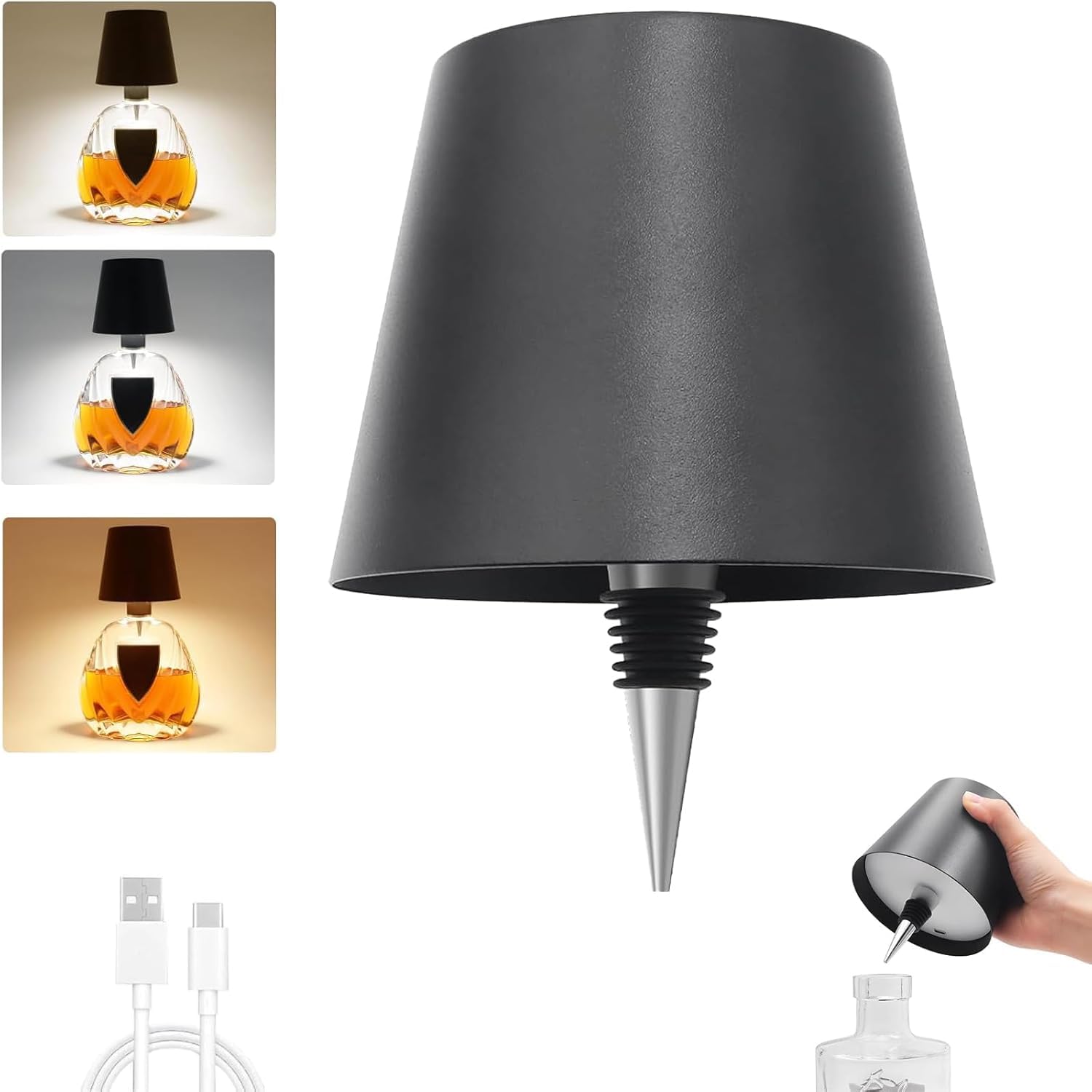 Spadera Wireless Bottle Lamp LED 3 Colour Light Battery Desk Dimming Night Light Outdoor Portable for Camping Restaurant Farm House | 15 cm | Black | Long Lasting Battery-picture-28