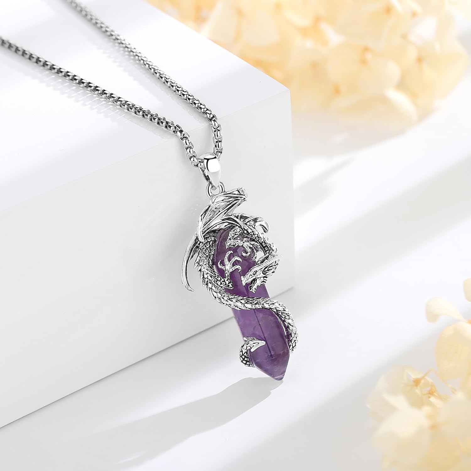 AEONSLOVE Dragon & Phoenix Necklace with Healing Crystal – Amethyst/Obsidian/Turquoise/Lapis Lazuli/Malachite/Clear Quartz/Rose Quartz/Carnelian Crystal Jewelry Gifts for Women Men - Image 3