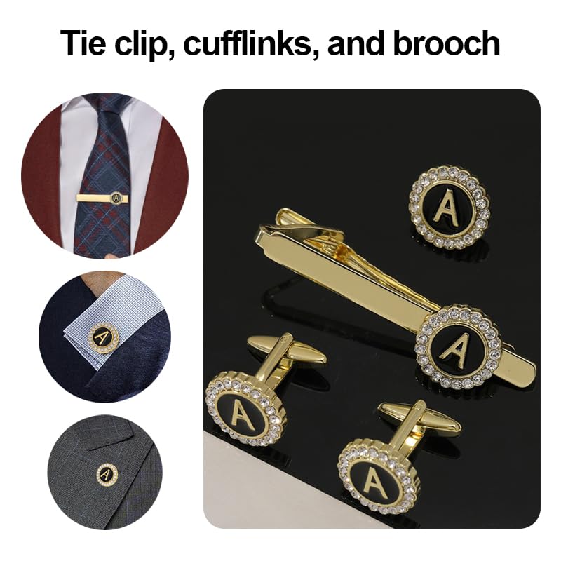 Set de 4 mancornas para hombres con clip de corbata y broche dorado miniatura 7