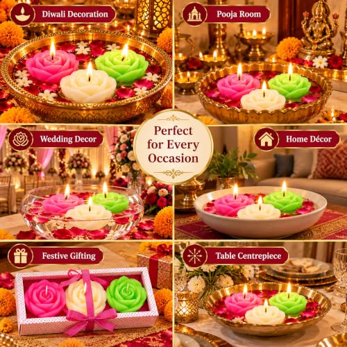 Image of UPYOG Diwali Diya Decoration Floating Candles Giant Rose Candles | 3 Pcs Bulk Pack | Smokeless, Dripless & Long Lasting Water Lamp Candles Deepawali Decor