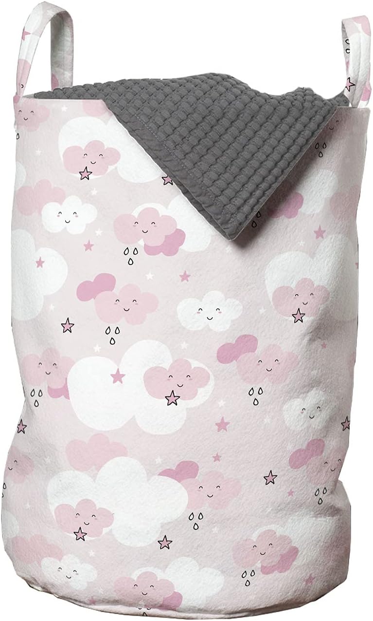 Ambesonne Pastel Laundry Bag, Smiling Rain Clouds and Stars Cheerful Themed Pattern in Soft Colors Print, Hamper Basket with Handles Drawstring Closure for Laundromats, 13" x 19", Pale Pink and White