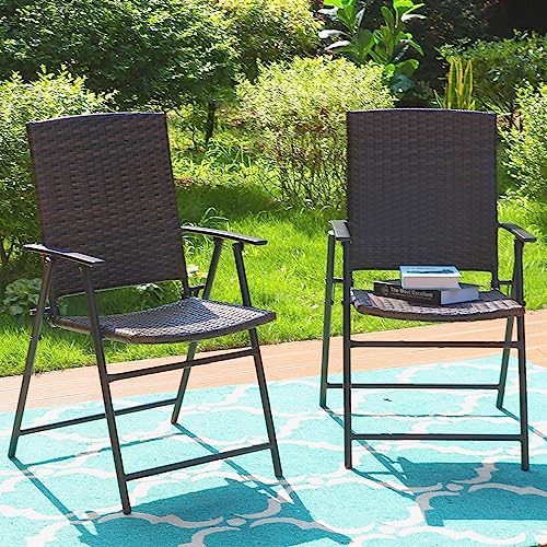 Sophia & William Patio Folding Dining Chairs Set Of 2 Outdoor Wicker Rattan Chair With Steel Frame And Armrest For Garden Pool Balcony Lawn #TOP27