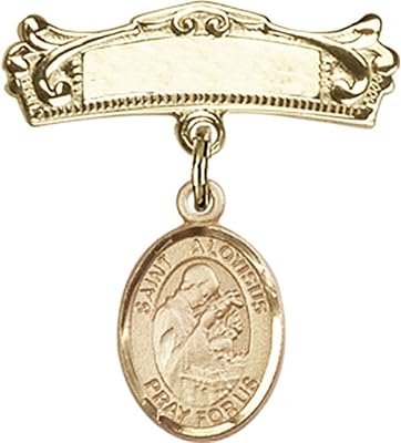 Gold Filled Baby Badge with St. Aloysius Gonzaga Charm and Arched Polished Badge Pin 7/8 X 3/4 inches