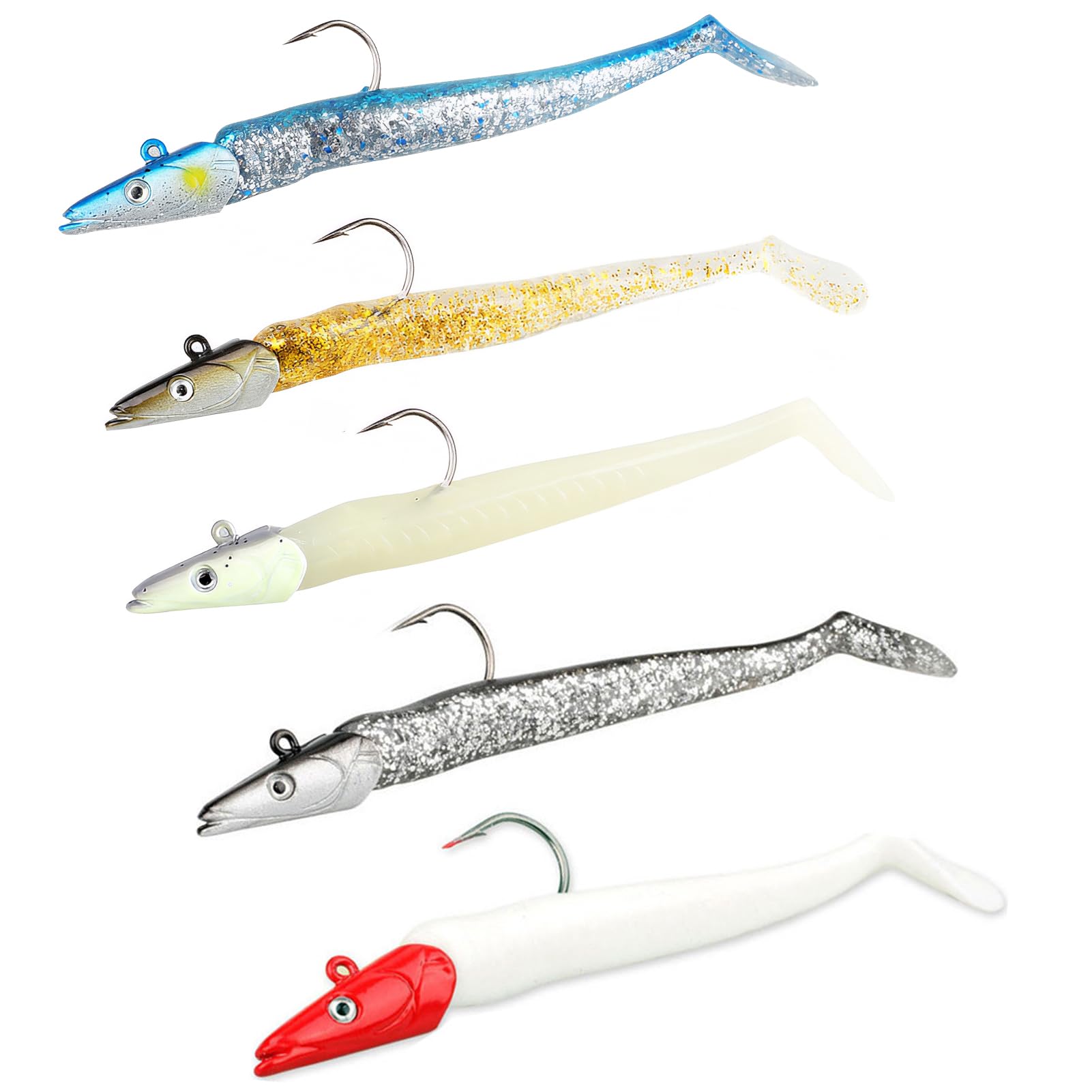 AHRLIC 5PCS Soft Paddle Tail Fishing Lures, Weedless Silicone Sandeel Baits for Sea Bass, Pike, Cod, Trout, Saltwater Jigging, Realistic 3D Eyes Soft Plastic Lure, Simulation Fish Sea Fishing Kit