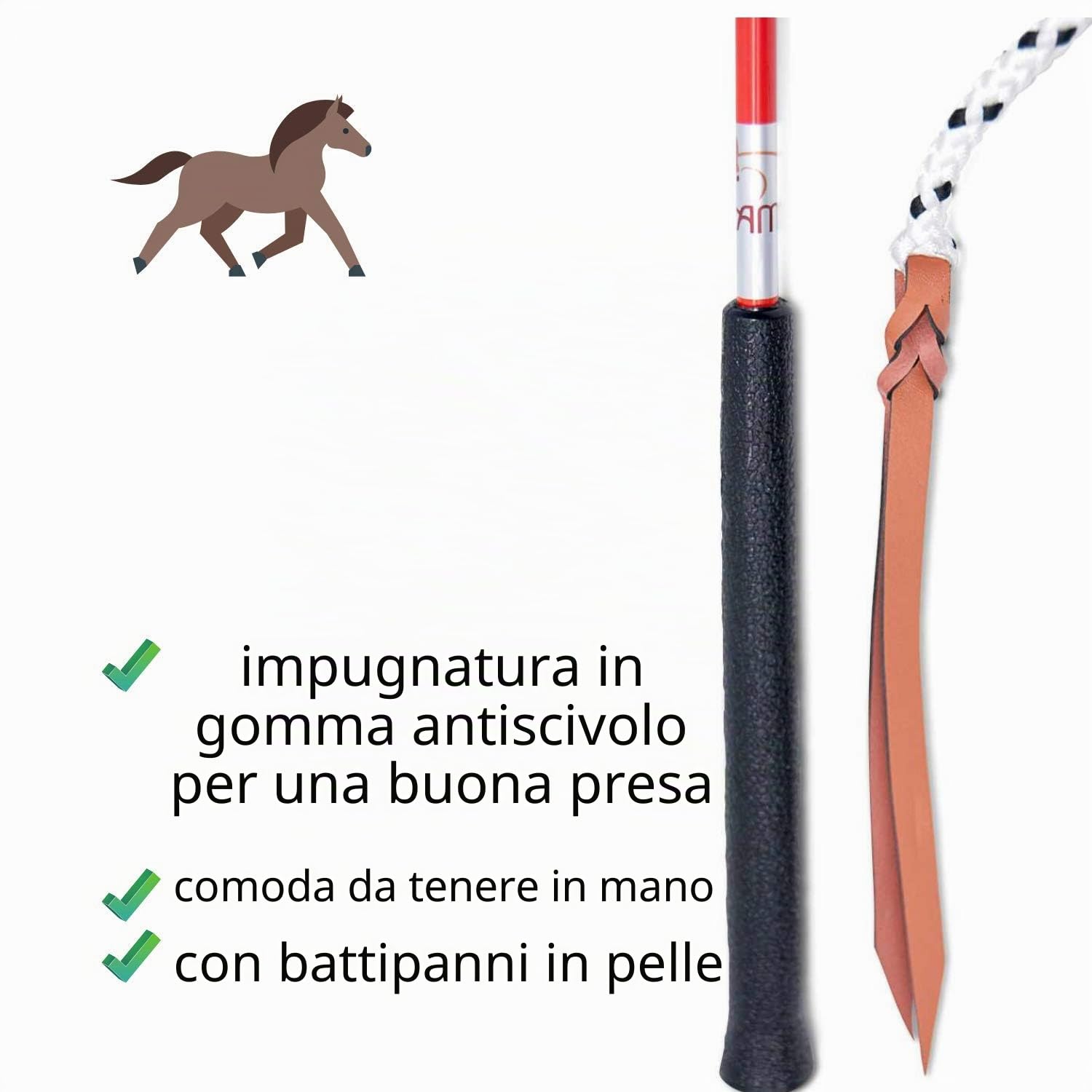 AMKA, Frusta con corda, da allenamento, 120 cm, frusta da equitazione, frusta da addestramento, frusta da lavoro, per giochi di Parelli