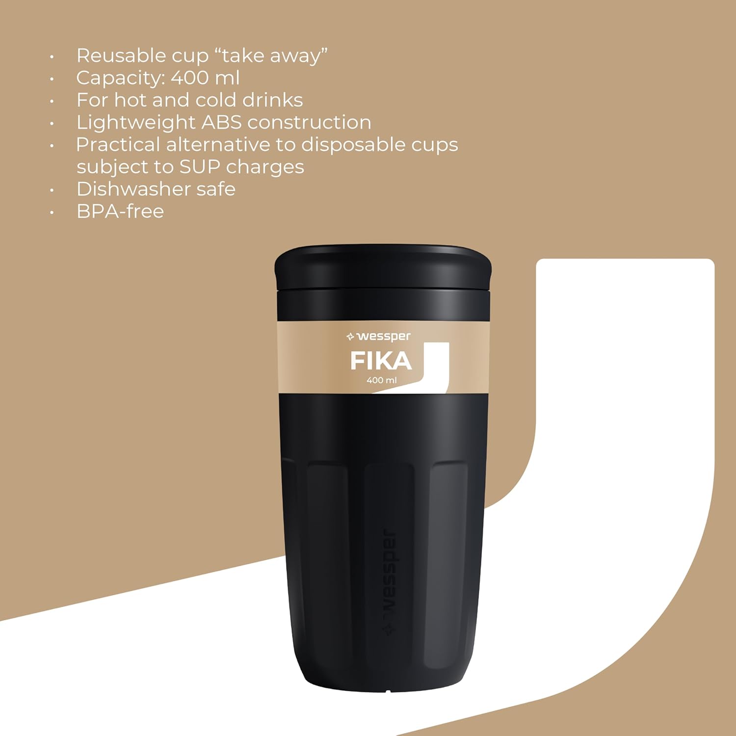 Wessper Mug 400 ml, Reusable Cups with Lid for Hot and Cold Drinks, Togo Coffee Cups, Fits in Car Cup Holder, Alternative to Paper Cups - Pack of 4 - Black