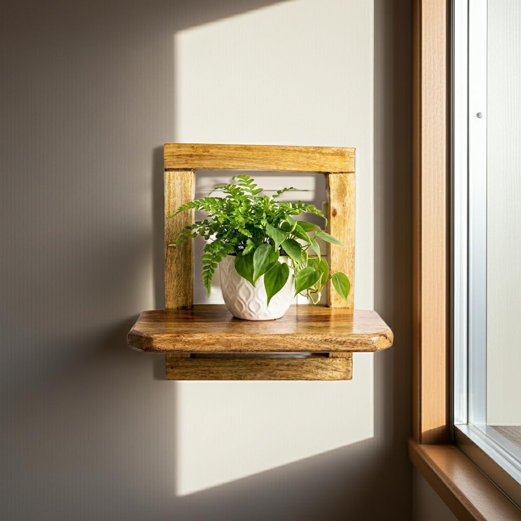 Handcrafted Solid Wood Wall Mounted Planter Shelf, Natural Finish, Indoor Plant Holder, Minimalist Design, 20x10 cm-image-10