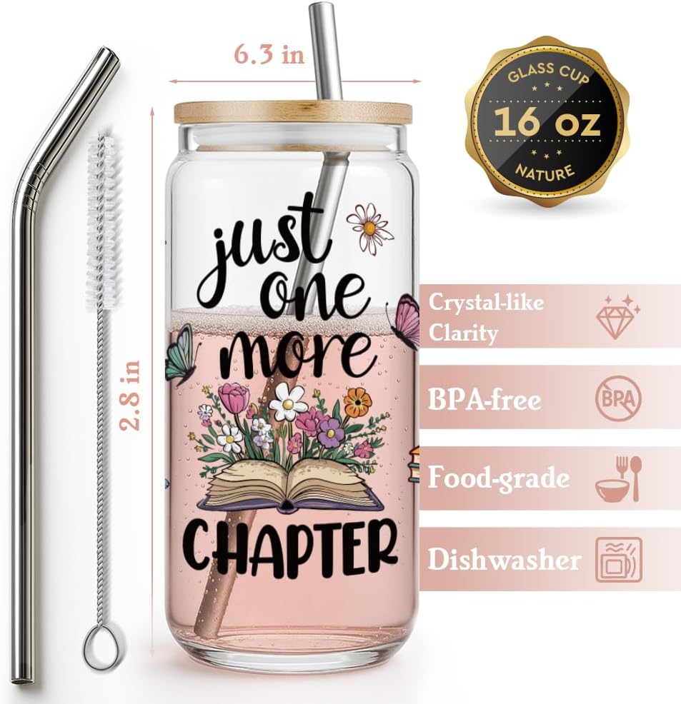 Just One More Chapter,Book Lovers Gifts for Women,Friends,Sister, Funny Bookish Birthday Gifts Glass Tumbler for Book Lover,Bookish Gifts for Books Club Bookworms Readers Librarian Teacher -52 - Image 2