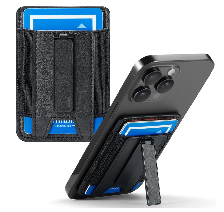 Image of Phone Card Holder Wallet with Stand, Hold 6 Card for iPhone Andriod | Stretch fabric card holder stick on back of phone case. Built-in stand for hands-free viewing. Holds 6 credit /ID cards