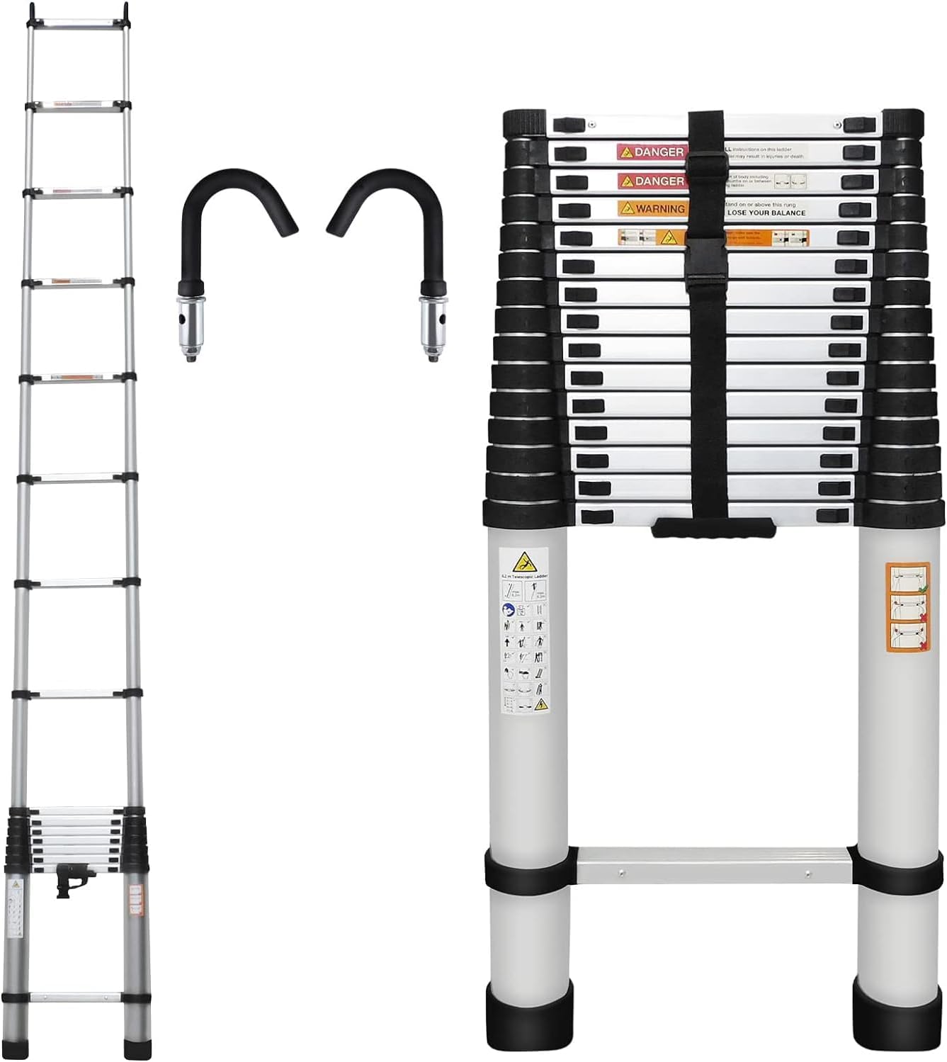 Telescoping Ladder,20.3ft Aluminum Telescopic Ladder Folding Ladder with 2 Detachable Hooks,Weight 36lbs,Adjustable Height,330lbs Load Capacity,EN131 Standard,with Non-Slip Rubber Feet,Space