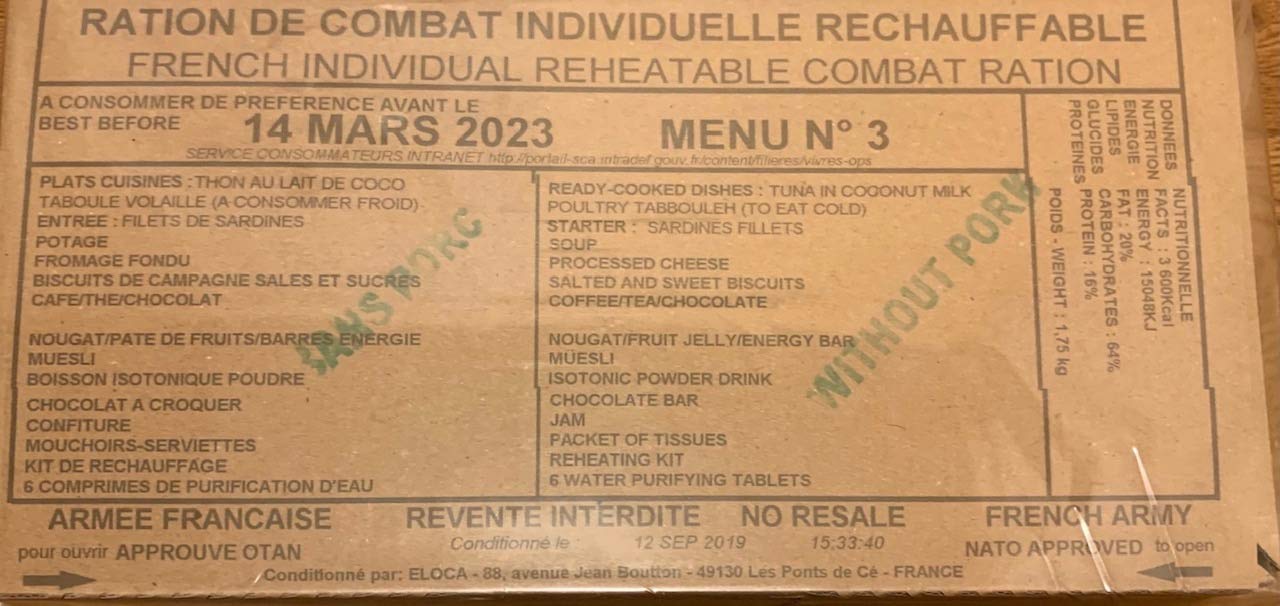 French Military Combat 24 hr Ration RCIR foreign MRE EPA FSR IRP IMP MCW[Menu 4]