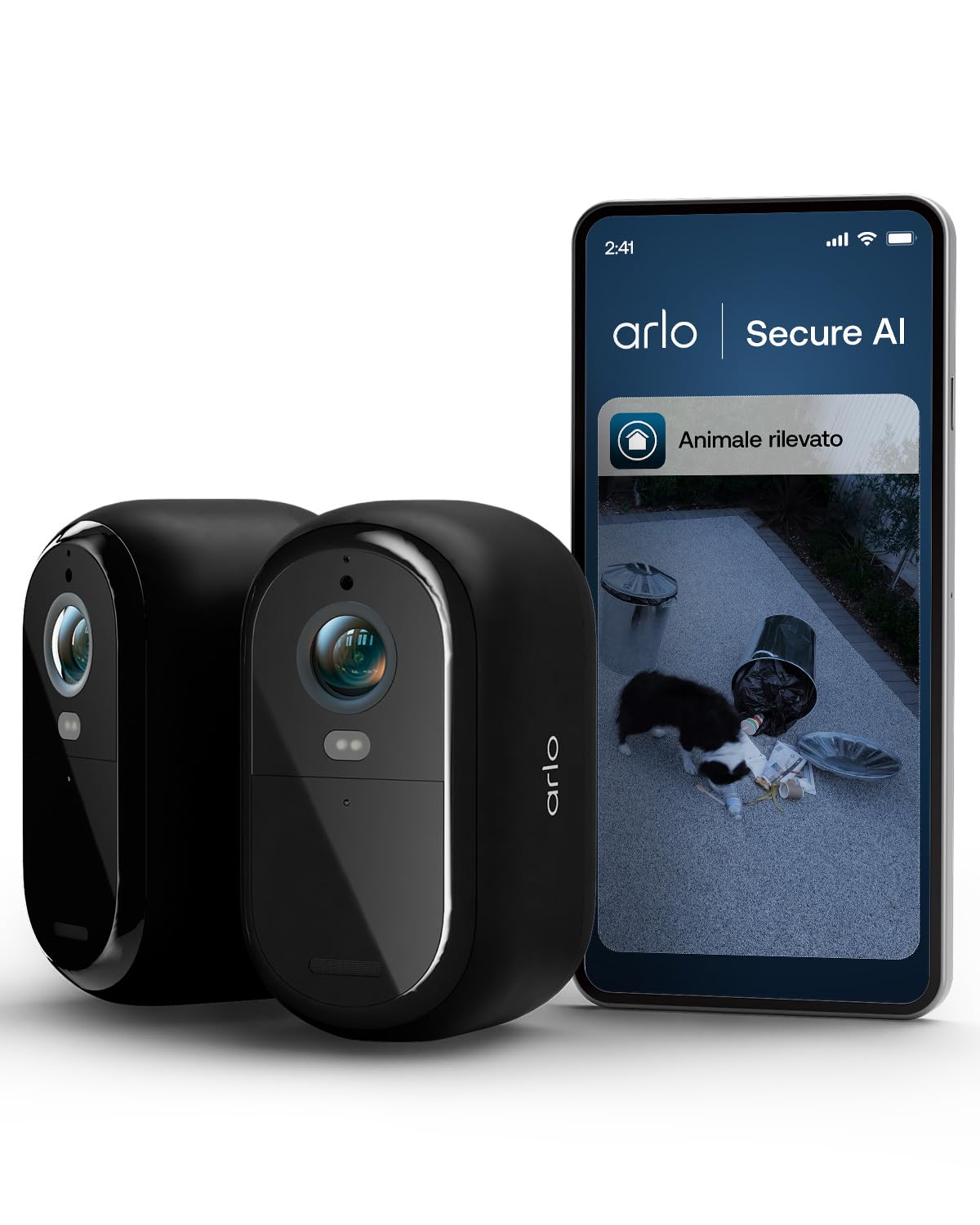 Arlo Essential - Telecamera di sorveglianza a batteria HD, per esterni, Wi-Fi, senza fili, video 1080p, visione notturna a colori, luce, rilevatore di movimento, sirena, audio a 2 vie, con periodo di