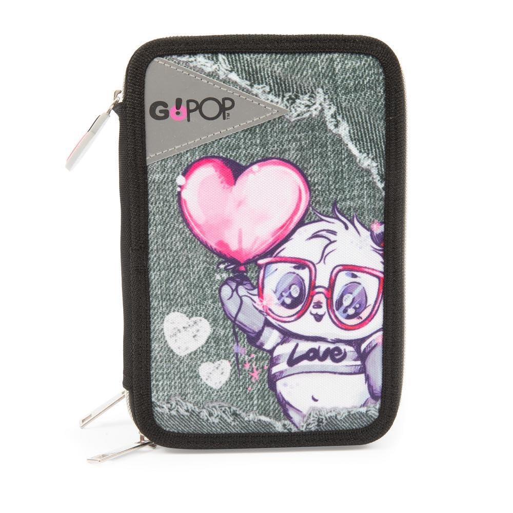 Go Pop - Astuccio Triplo Scuola Panderful Con 3 Zip E 3 Scomparti, Contiene 18 Matite Colorate, 18 Pennarelli e altri Pratici Oggetti per la Scuola,13 l x 19,5 h x 6,5 p